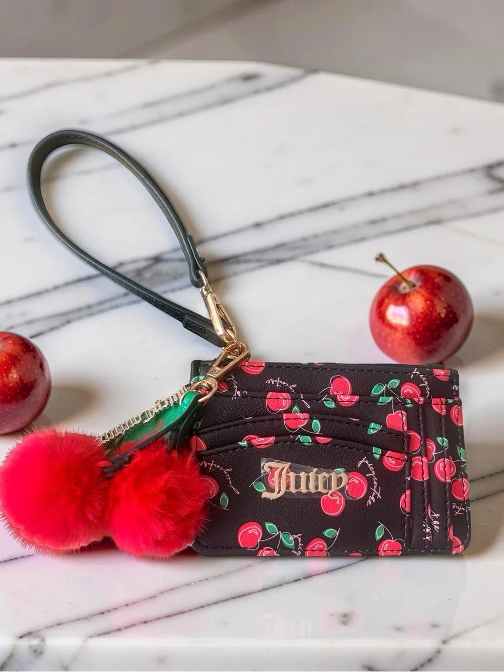 Juicy Couture Black Cherry Print Cardholder with Red Pom Pom Charm 🍒